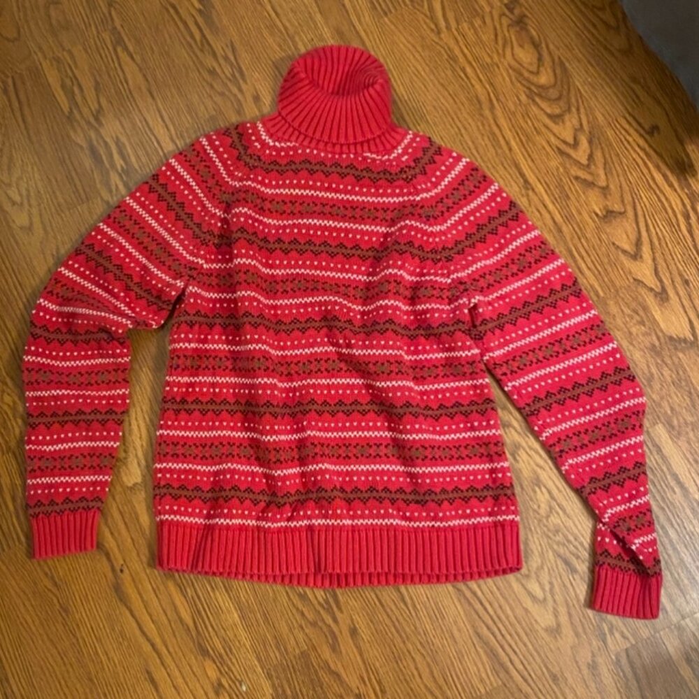 Lands' End Chunky Knit Red Patterned Size Medium Fair Isle Sweater Size M 10-12